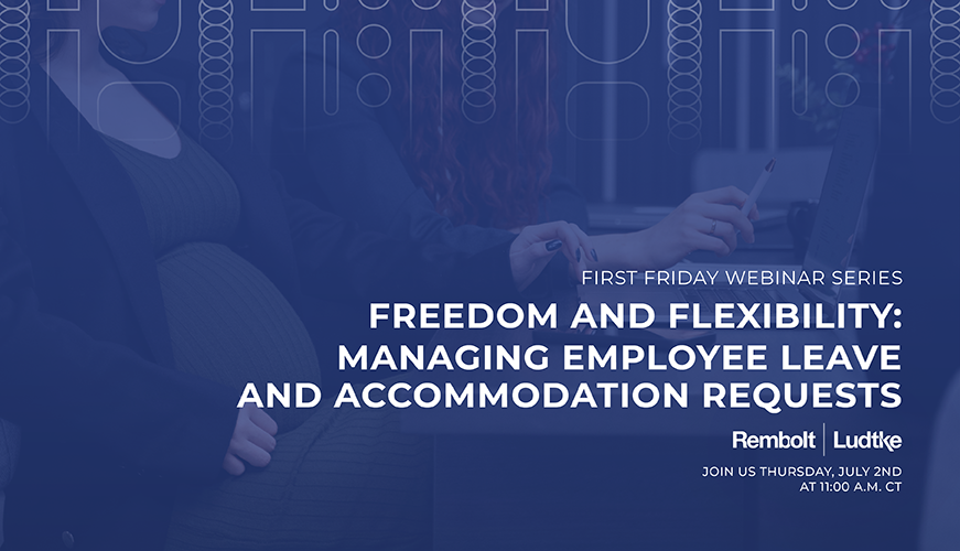 A professional webinar invitation for "Freedom and Flexibility: Managing Employee Leave and Accommodation Requests," featuring logos and geometric graphics.