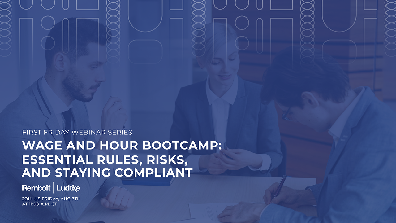 Three professionally dressed people sit at a table with papers. Overlay text advertises a webinar on wage and hour compliance, including date, time, and sponsor logos.
