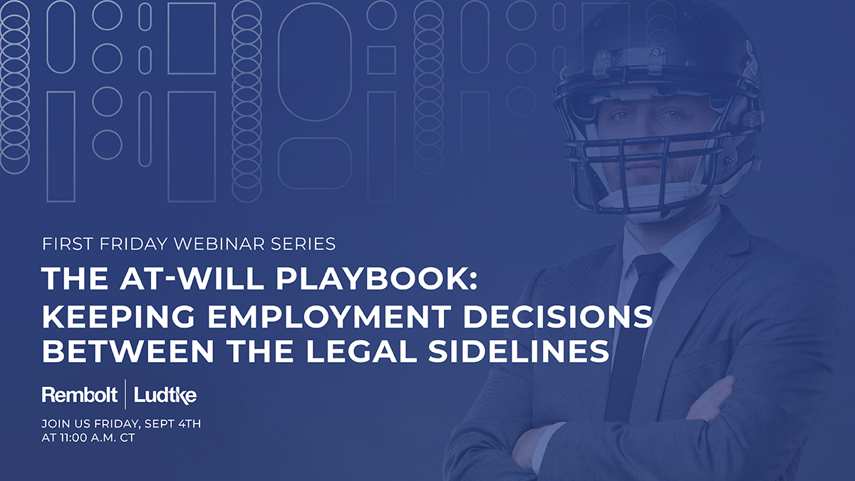 Promotional graphic for “The At-Will Playbook” webinar, featuring a suited football player in a helmet and legal employment text.