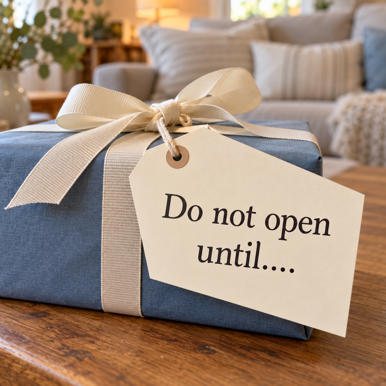 photo of gift sitting on table with a tag that says "Do not open until..."