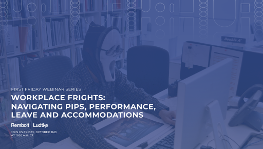 Blue-tinted webinar graphic shows a woman working at a computer, with the title “Workplace Rights: Navigating PIPs, Performance, Leave and Accommodations.”